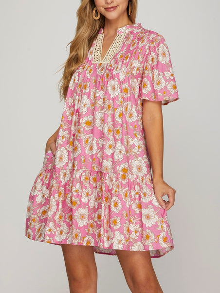 SHORT SLEEVE NECK TRIM MINI DRESS SHE & SKY