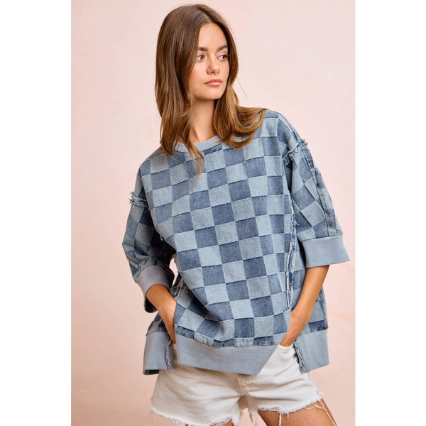 WASHED CHECKER DENIM OPEN SEAM SHORT SLEEVES TOP