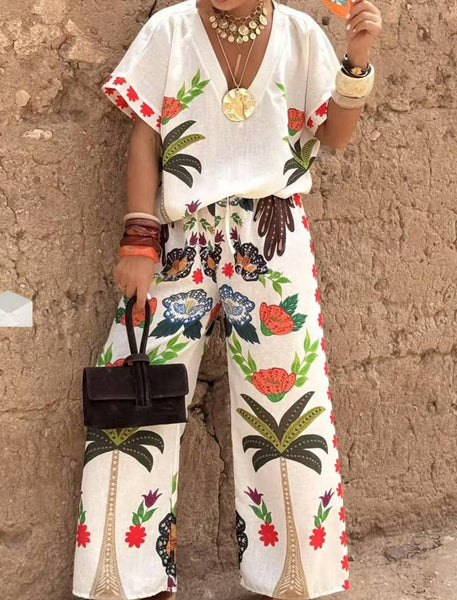 Bohemian Floral V-Neck Top and Pants Set