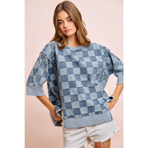 WASHED CHECKER DENIM OPEN SEAM SHORT SLEEVES TOP