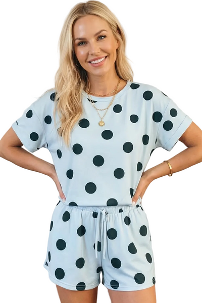 Polka Dot Print Tee with Drawstring Elastic Short Set
