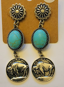Silver & Turquoise Buffalo Coin Earrings