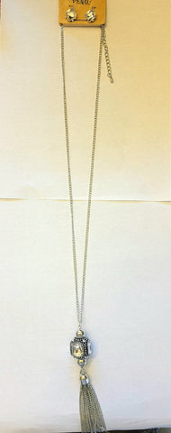 Long Silver Jewel Tassel Necklace Set