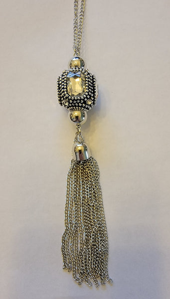 Long Silver Jewel Tassel Necklace Set