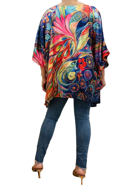 Multi color abstract painting satin blouse