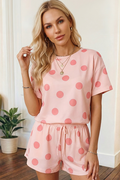 Polka Dot Print Tee with Drawstring Elastic Short Set