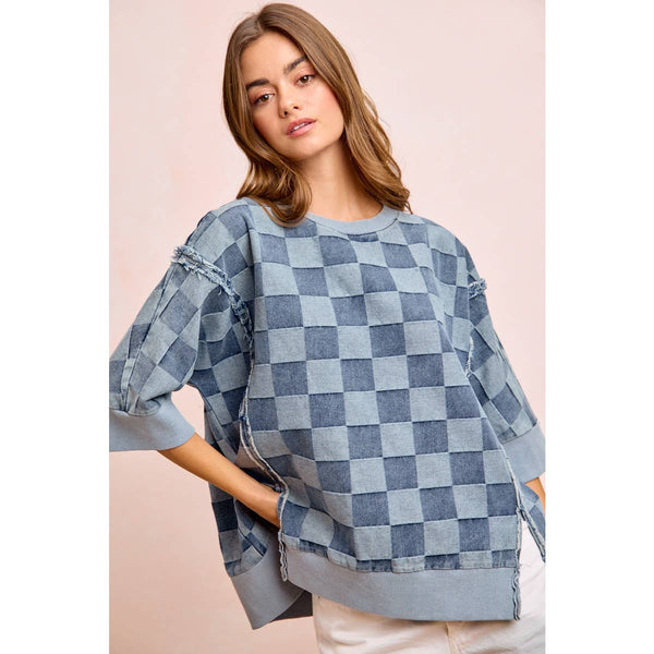 WASHED CHECKER DENIM OPEN SEAM SHORT SLEEVES TOP