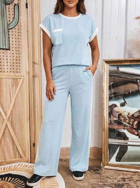 Trim Round Neck Pocketed Boxy Tank Top Wide Leg Pant Set