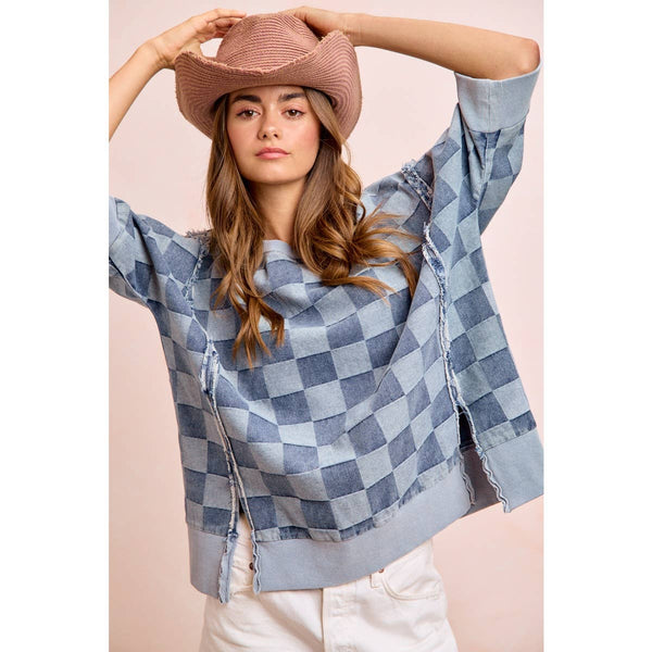 WASHED CHECKER DENIM OPEN SEAM SHORT SLEEVES TOP