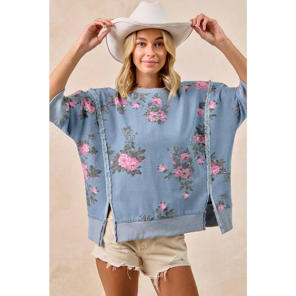 FLOWER PRINTED DENIM OPENSEAM DETAIL TOP BY BIBI