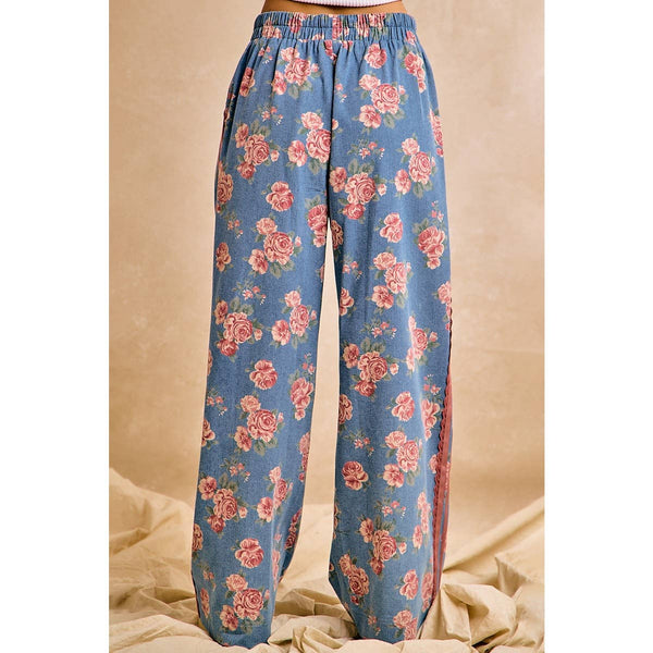 FLORAL WASHED DENIM LACE CONTRAST SIDE  PANTS BY BY BIBI