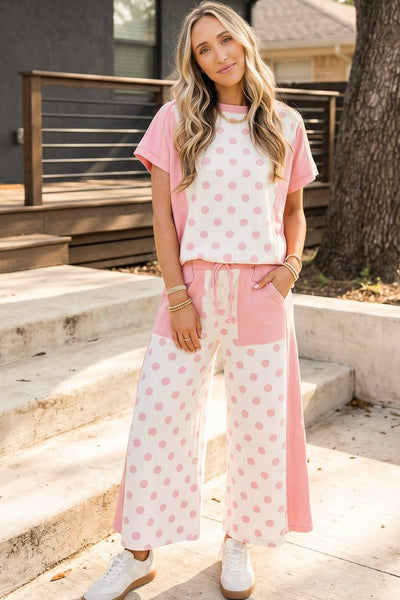 Color Block Patchwork Polka Dot Wide Leg Pant Set
