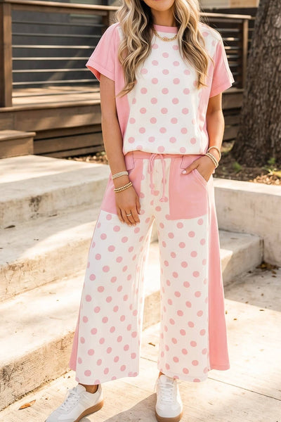 Color Block Patchwork Polka Dot Wide Leg Pant Set