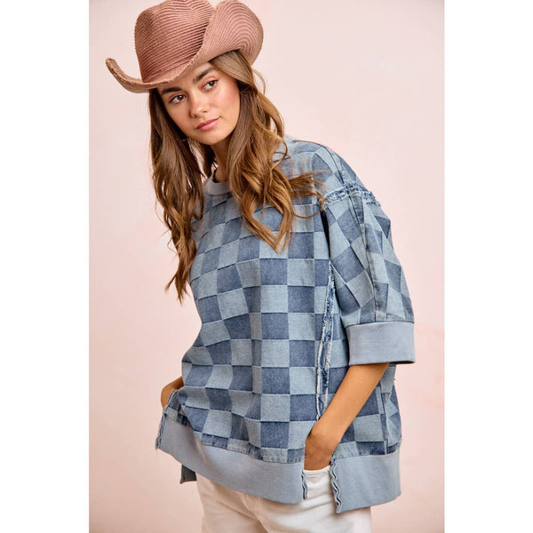 WASHED CHECKER DENIM OPEN SEAM SHORT SLEEVES TOP