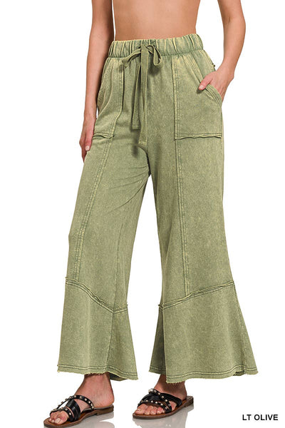 Acid Washed Flare Hem Pants With Pockets Zenana