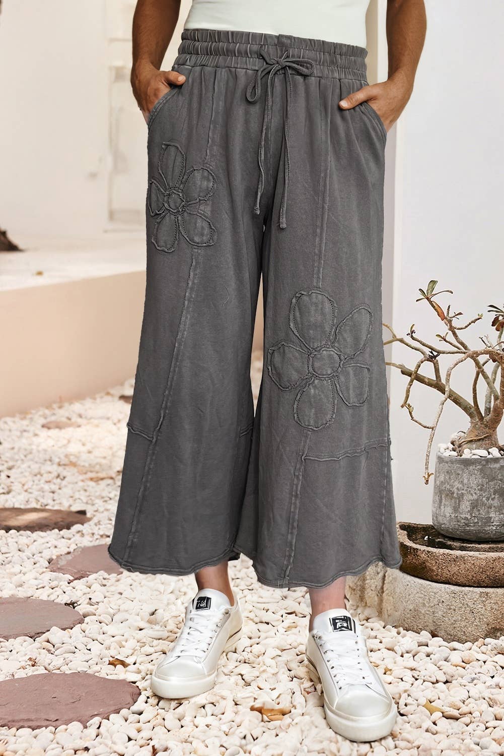 LDC Floral Patch Mineral Washed Terry Knit Cropped Pants