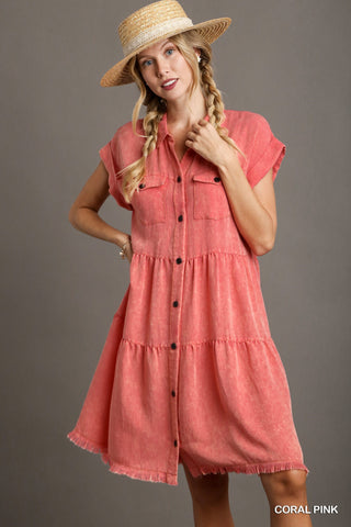 Snow Washed Button Front Collared Ruffle Dress