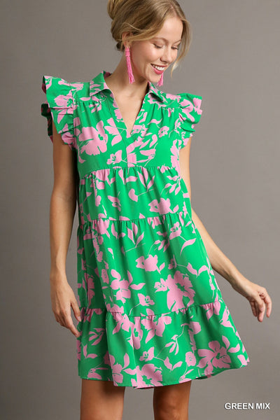 Floral Print A-Line Collared Tiered Dress