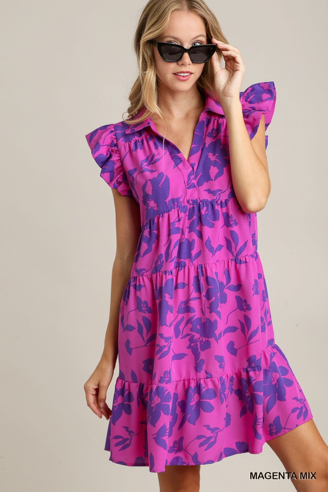 Floral Print A-Line Collared Tiered Dress