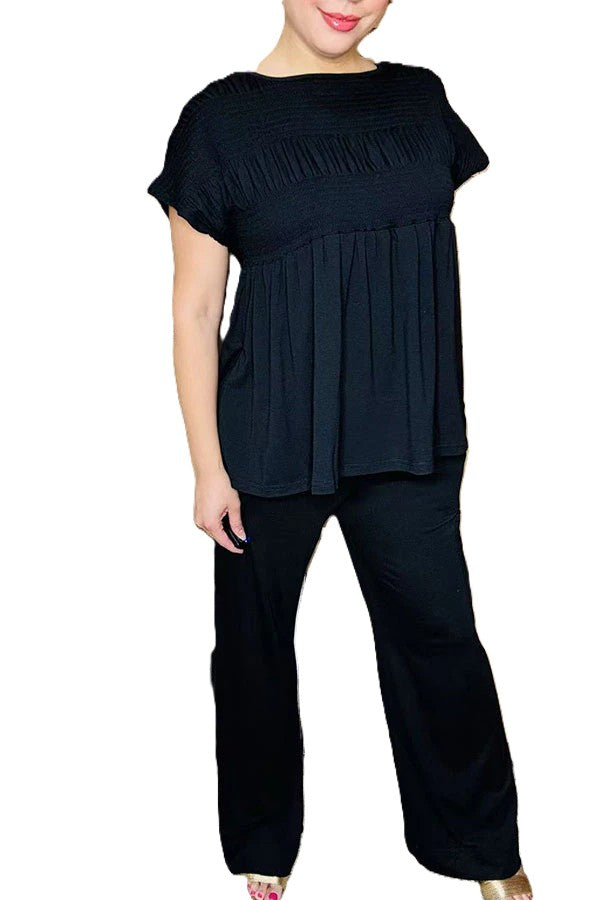 Black elastic front women top & wide leg pant 2pc women set
