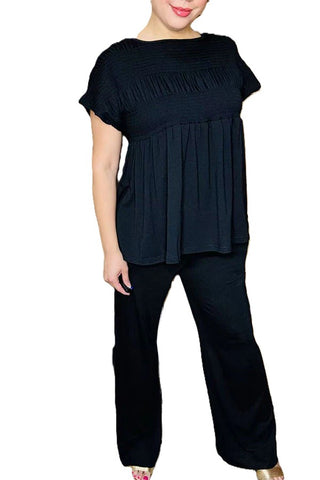 Black elastic front women top & wide leg pant 2pc women set