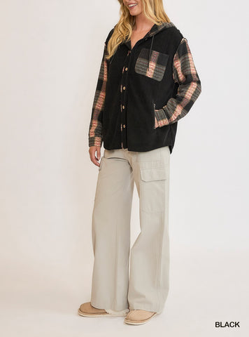 Corduroy Shacket with Plaid Details