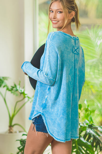 Washed baby waffle oversized long sleeve top By Zenana