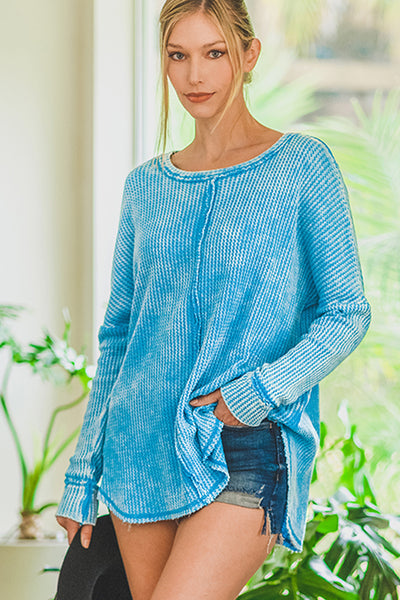 Washed baby waffle oversized long sleeve top By Zenana