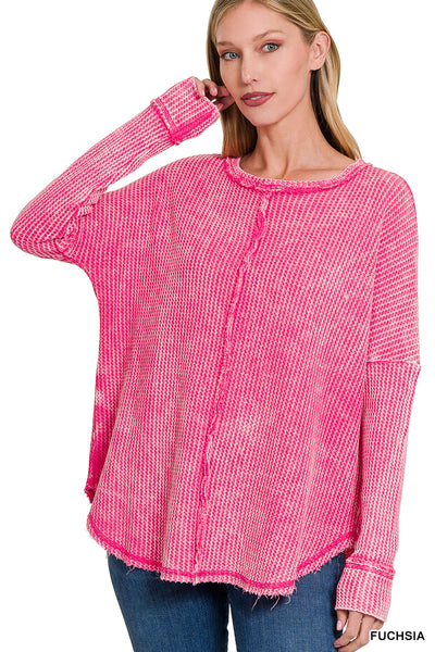 Washed baby waffle oversized long sleeve top By Zenana