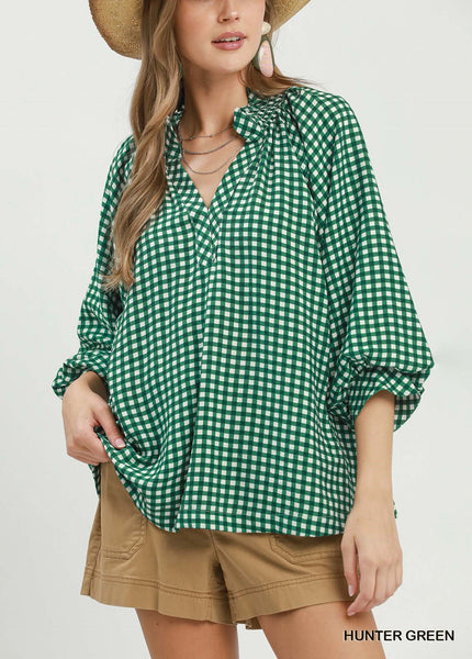 Gingham Check Puff Sleeve Blouse