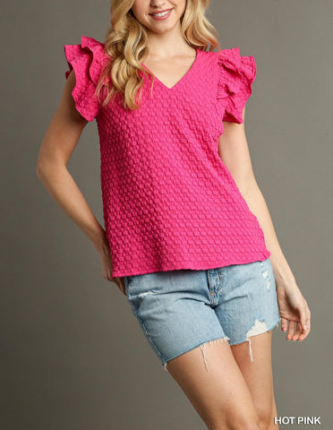 Textured Jacquard V-Neck Top with Ruffle Sleeves & Side Slit Umgee