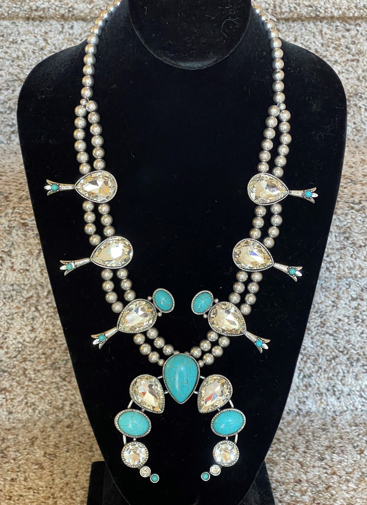 Squash Blossom Turquoise and Crystal Necklace