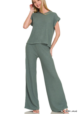 Sweater rolled sleeve top &amp; long pants set by Zenana