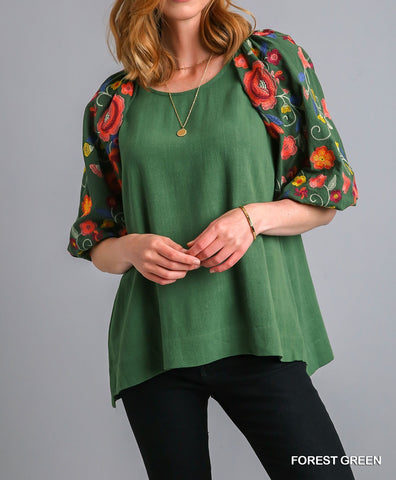 Linen Blend Top with Embroidery Sleeves