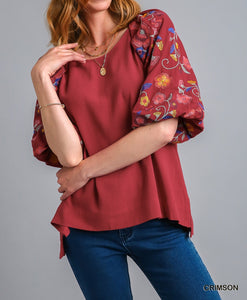 Linen Blend Top with Embroidery Sleeves