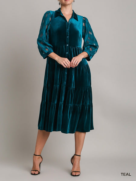 Organza and Velvet Tiered Button Down Midi Dress