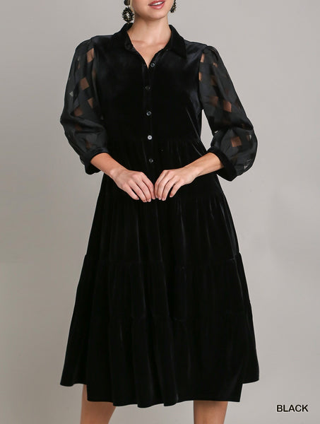 Organza and Velvet Tiered Button Down Midi Dress