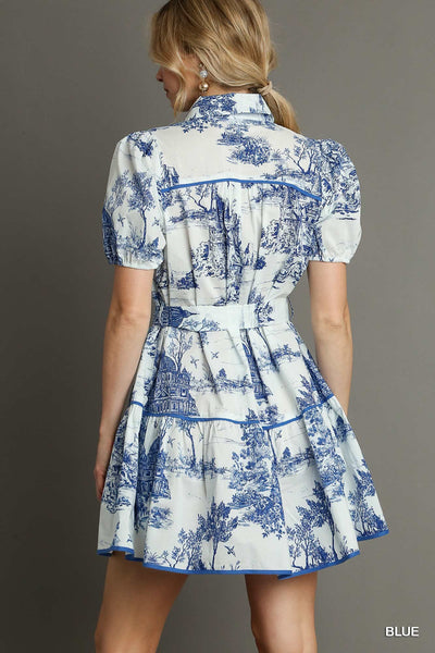 Two Tone Landscape Print Button Down Mini Dress with Piping Details & Belt Front Tie By Umgee