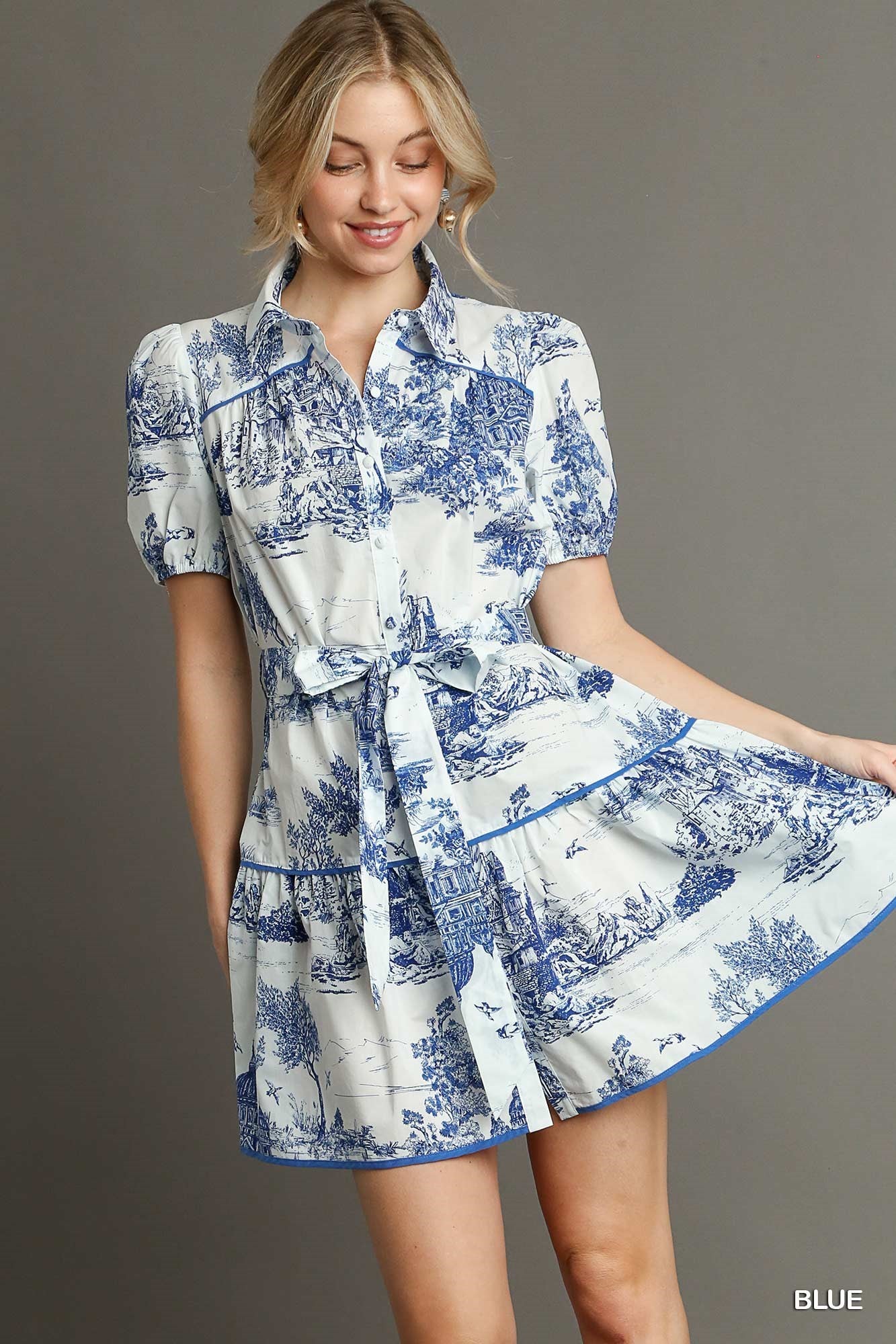 Two Tone Landscape Print Button Down Mini Dress with Piping Details & Belt Front Tie By Umgee