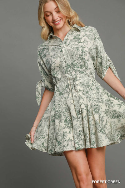 Two Tone Landscape Print Button Down Mini Dress with Piping Details & Belt Front Tie By Umgee