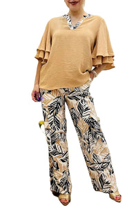 Khaki Ruffle Top & Floral Pants