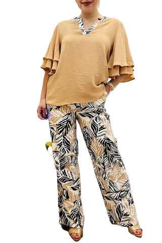Khaki Ruffle Top & Floral Pants