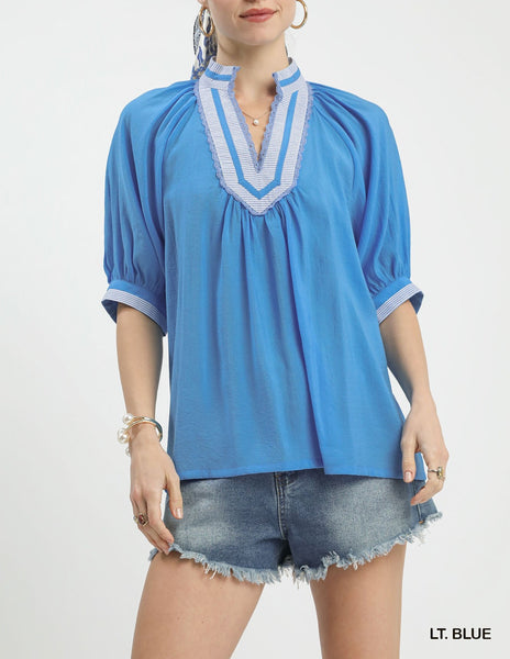 Solid Contrast Trim Pleated Top By Umgee