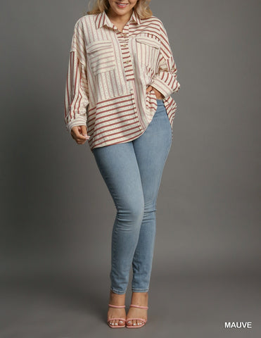 Mauve Striped Collared Top Plus Size Umgee