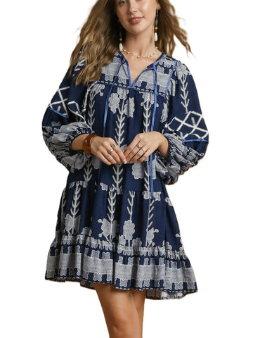Tribal Print Dress with Tie Neck by Umgee