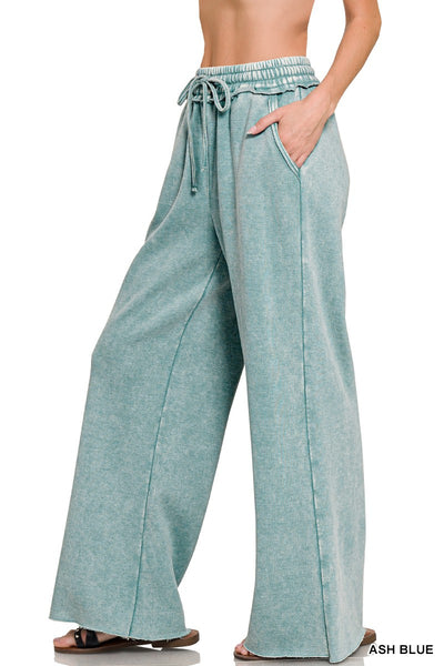 Acid wash fleece palazzo sweatpants with pockets by Zenana