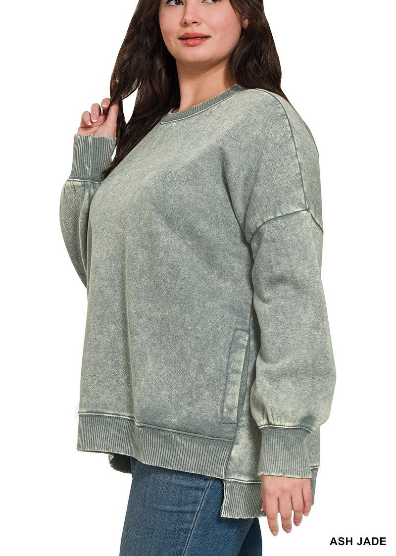 Plus Acid Wash Fleece Hi-Low Hem Pullover by Zenana