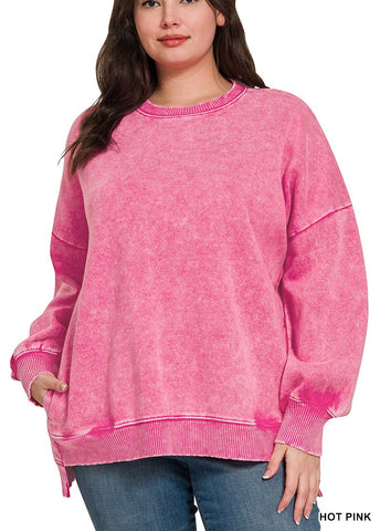 Plus Acid Wash Fleece Hi-Low Hem Pullover by Zenana