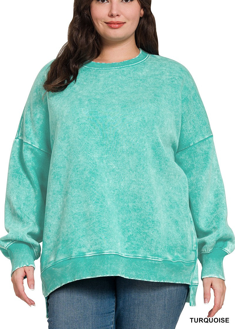 Plus Acid Wash Fleece Hi-Low Hem Pullover by Zenana