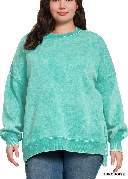 Plus Acid Wash Fleece Hi-Low Hem Pullover by Zenana